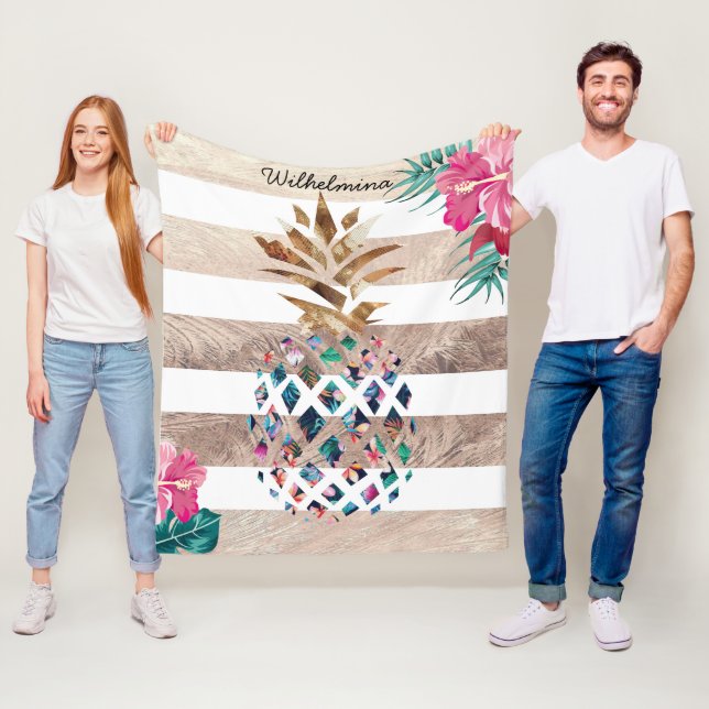 Floral Pineapple gold striped Fleece Blanket (In Situ)