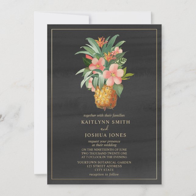 Floral Pineapple Grey Tropical Wedding Invitation (Front)
