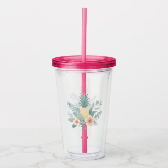 Floral Pineapple & Hawaiian Acrylic Tumbler (Front)