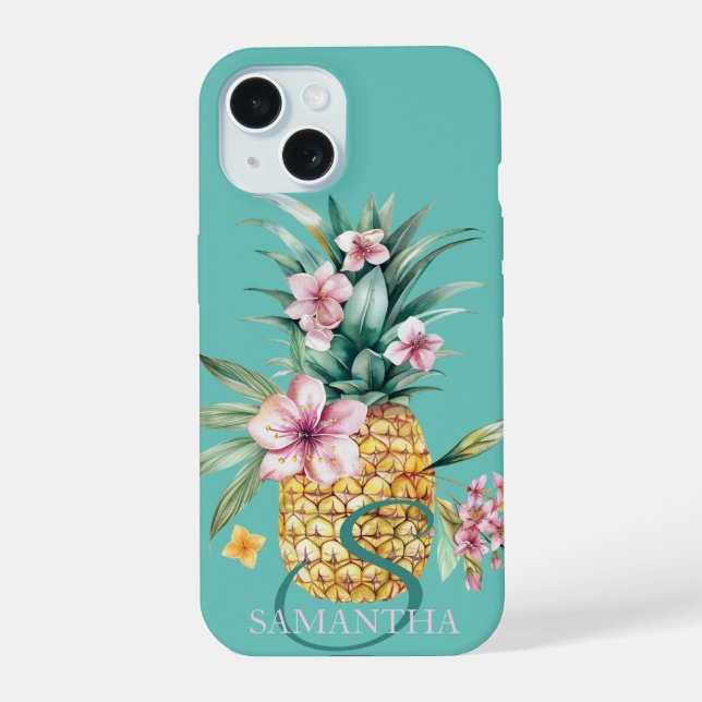 Floral Pineapple Mint Green iPhone 15 Case (Back)