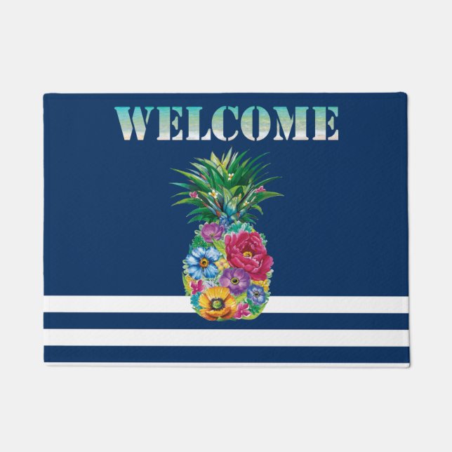 Floral Pineapple Nautical Navy Blue Striped   Doormat (Front)