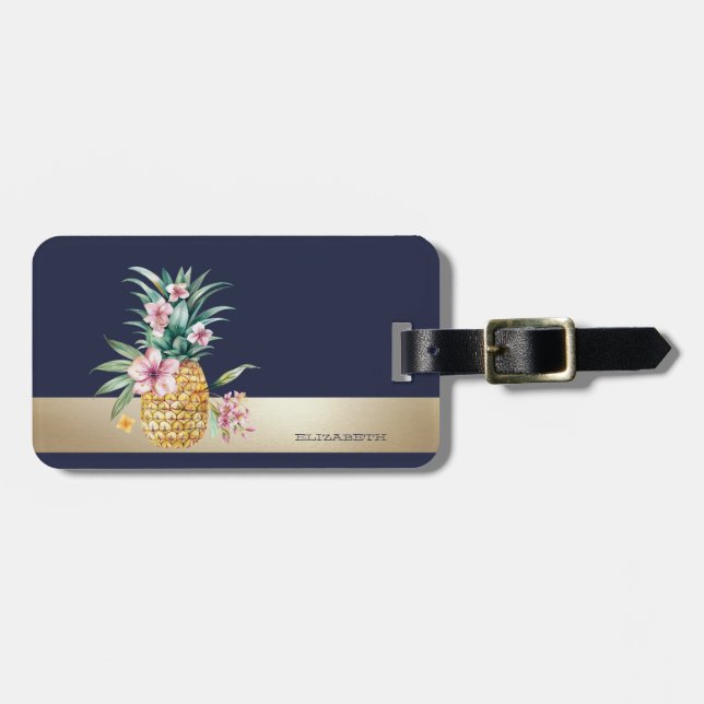 Floral Pineapple,Stripe Luggage Tag (Front Horizontal)