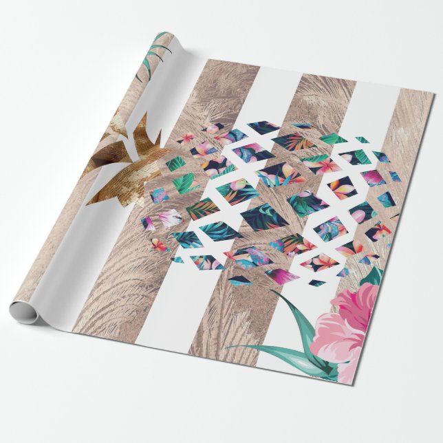 Floral Pineapple striped design Wrapping Paper (Unrolled)