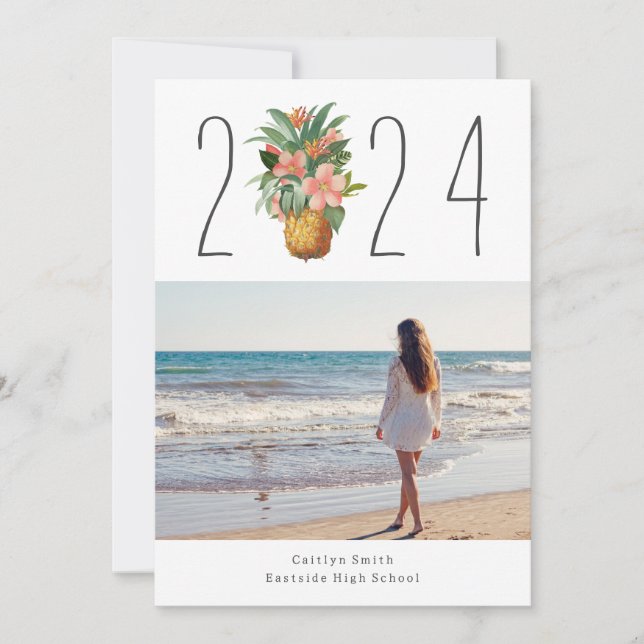Floral Pineapple Tropical Graduation Photo Invitation (Front)