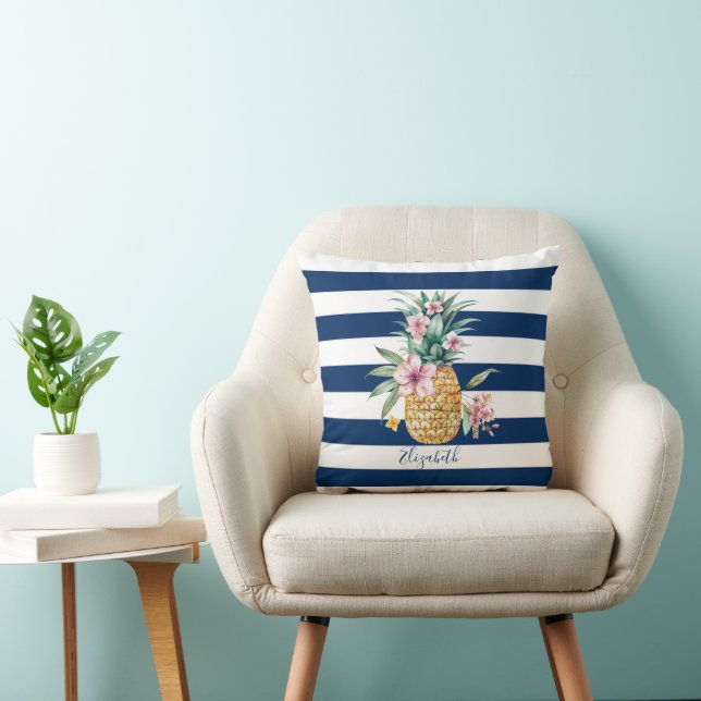 Floral Pineapple Tropical,Navy Blue Striped   Cushion (Chair)