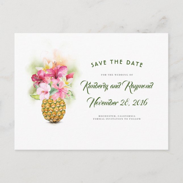 Floral Pineapple Vase Tropical Beach Save the Date Announcement Postcard (Front)