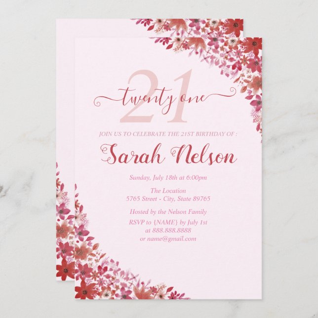 Floral Pink 21st Birthday Invitation (Front/Back)
