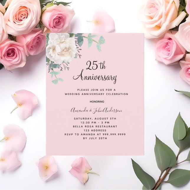 Floral pink 25th wedding anniversary invitation (Creator Uploaded)