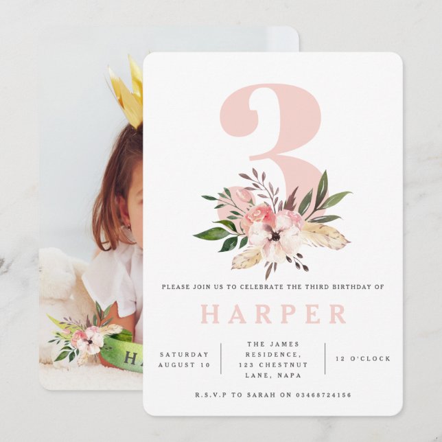 floral pink 3rd birthday party photo invitation (Front/Back)