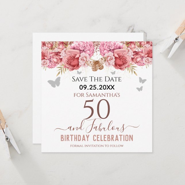 Floral Pink 50th Birthday Save the Date (Front/Back In Situ)