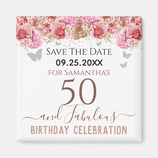 Floral Pink 50th Birthday Save the Date Magnet (Front)