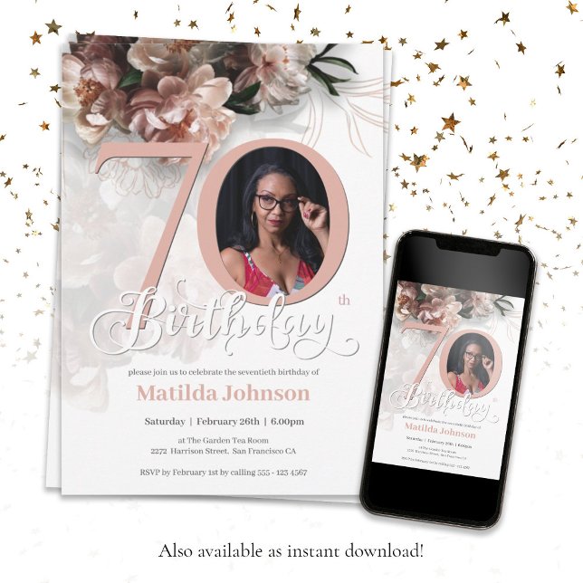 Floral Pink 70th Birthday Elegant Custom Photo Invitation (Floral Pink 70th Birthday Elegant Custom Photo Invitation)