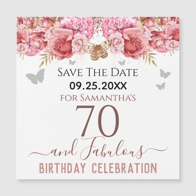 Floral Pink 70th Birthday Save the Date Magnet (Front)