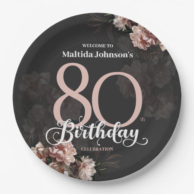 Floral Pink 80th Birthday Paper Plate (Front)