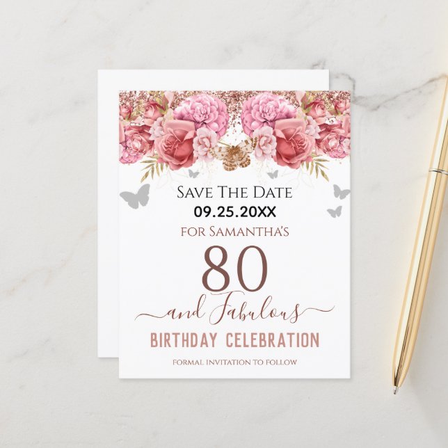 Floral Pink 80th Birthday Save the Date (Front/Back In Situ)