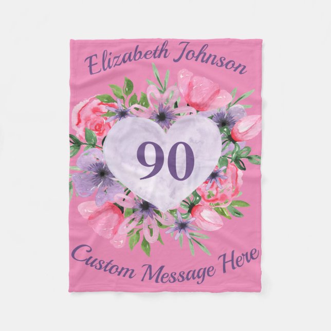 Floral Pink 90th Birthday Blanket for Women (Front)