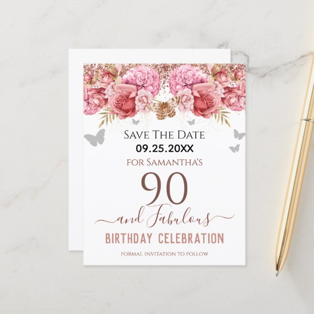 Floral Pink 90th Birthday Save the Date (Front/Back In Situ)