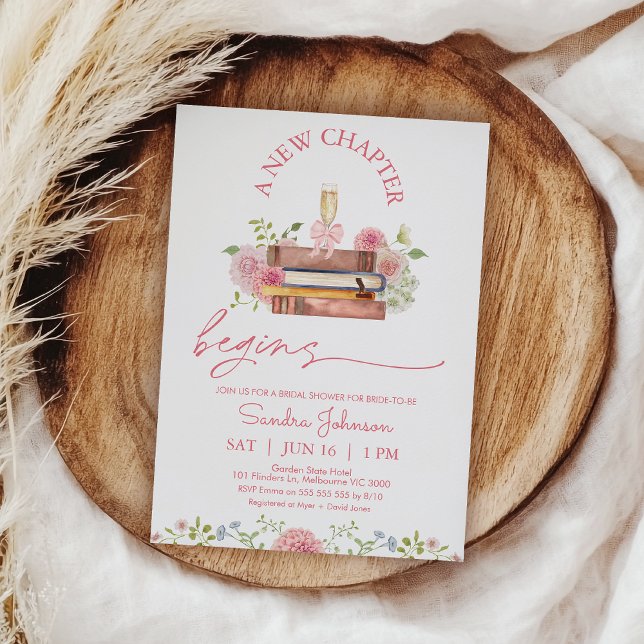 Floral Pink A new Chapter Begins Bridal Shower Invitation (A New Chapter Begins bridal Shower Invitation, New Chapter Bridal Shower Invite Template, Floral )