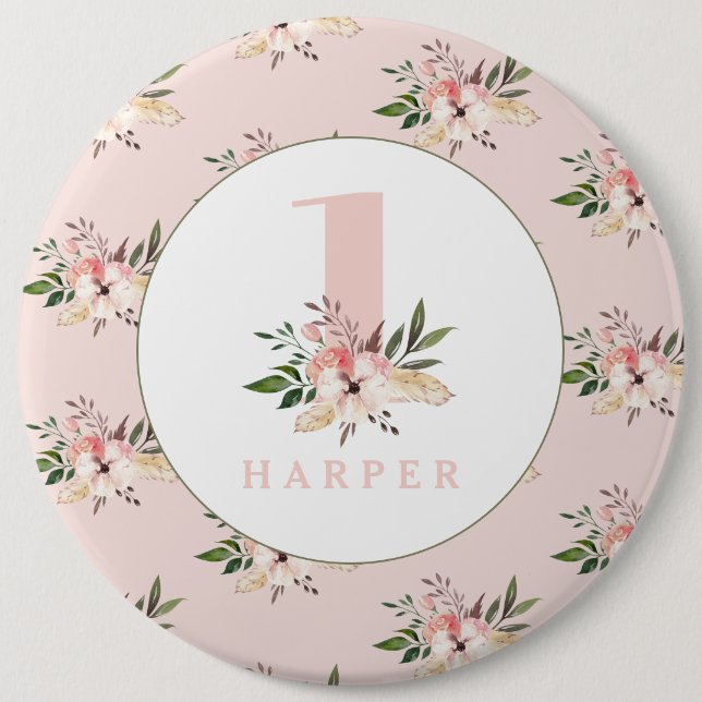 Floral pink age personalised button (Front)