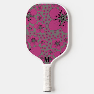 Floral Pink and Black Modern Monogram  Pickleball Paddle
