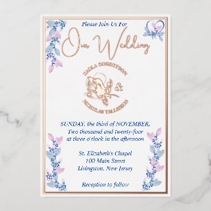 Floral Pink and Blue Wedding Foil Invitation