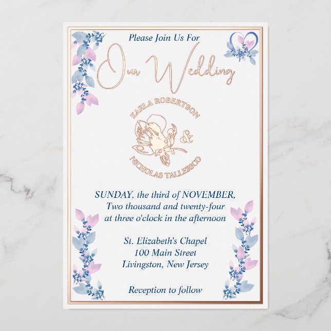 Floral Pink and Blue Wedding Foil Invitation (Front)