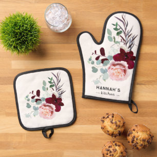 Floral Pink and Burgundy Bloom Personalised Oven Mitt & Pot Holder Set