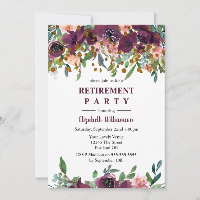 Floral Pink and Burgundy Retirement Party Invitation (Front)