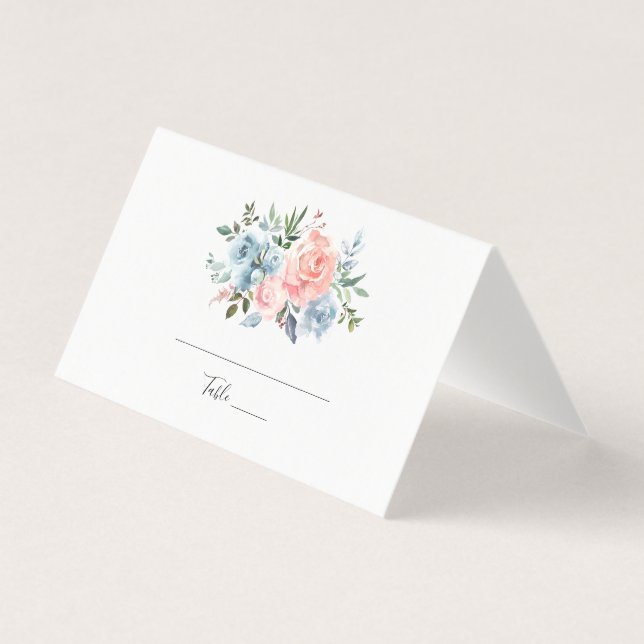 Floral Pink and Dusty Blue Roses Table Folded Card (Front)
