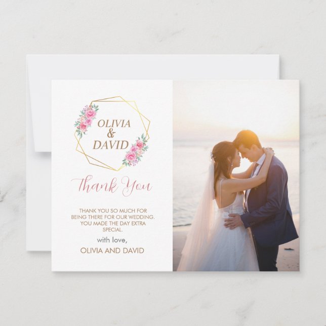 Floral Pink and Faux Gold Script | Photo Wedding Thank You Card (Front)