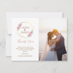 Floral Pink and Faux Gold Script   Photo Wedding Thank You Card