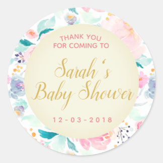 Floral pink and gold baby shower sticker