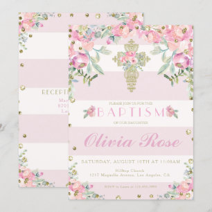 floral pink and gold baptism invitation for a girl