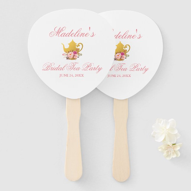 Floral Pink and Gold Bridal Shower Tea Party Hand Fan (Front and Back)