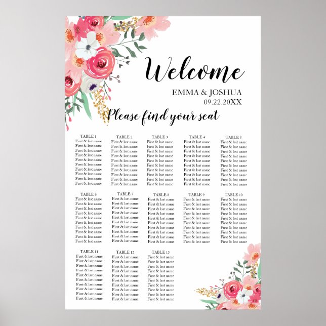 Floral Pink and Gold Elegant Wedding Seating Chart (Front)