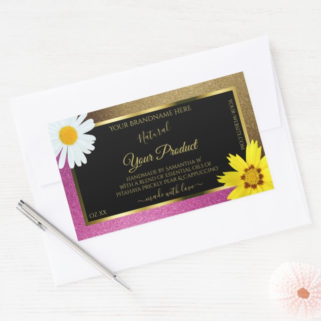 Floral Pink and Gold Glitter Black Product Labels (Envelope)