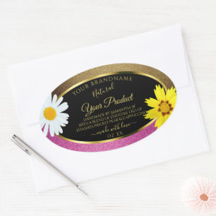 Floral Pink and Gold Glitter Black Product Labels