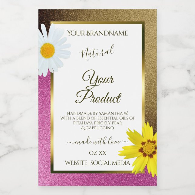 Floral Pink and Gold Glitter White Product Labels (Single Label)