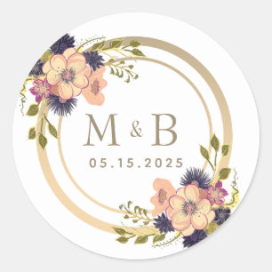 Floral Pink and Gold Monogram Wedding Classic Round Sticker