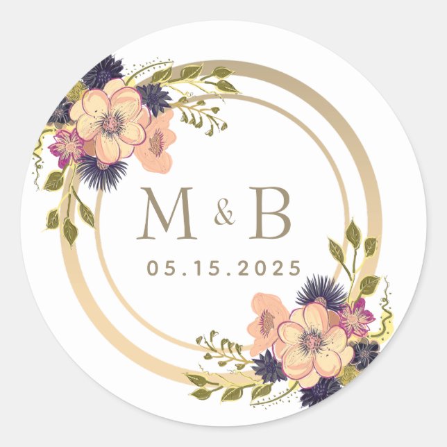 Floral Pink and Gold Monogram Wedding Classic Round Sticker (Front)