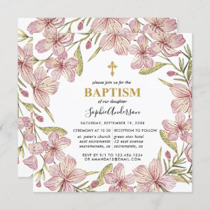 Floral Pink And Gold Wreath Girl Baptism Invitation