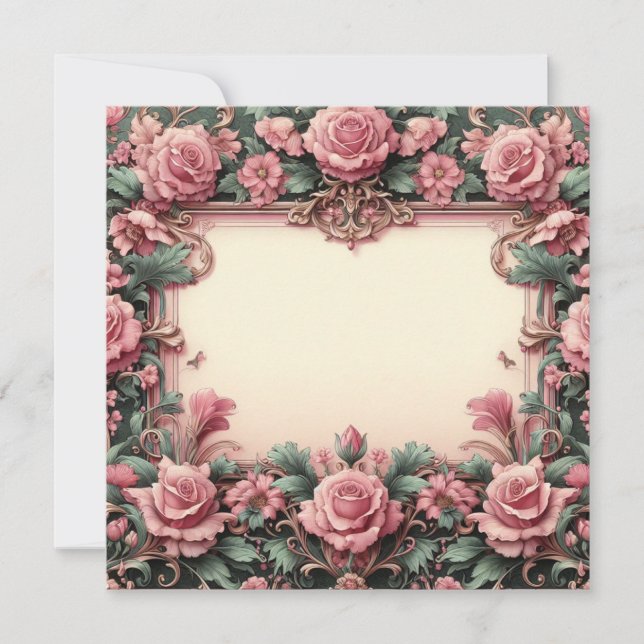 Floral Pink and Green Blank Card Template (Front)