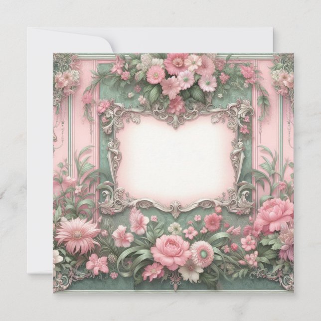 Floral Pink and Green Blank Card Template (Front)