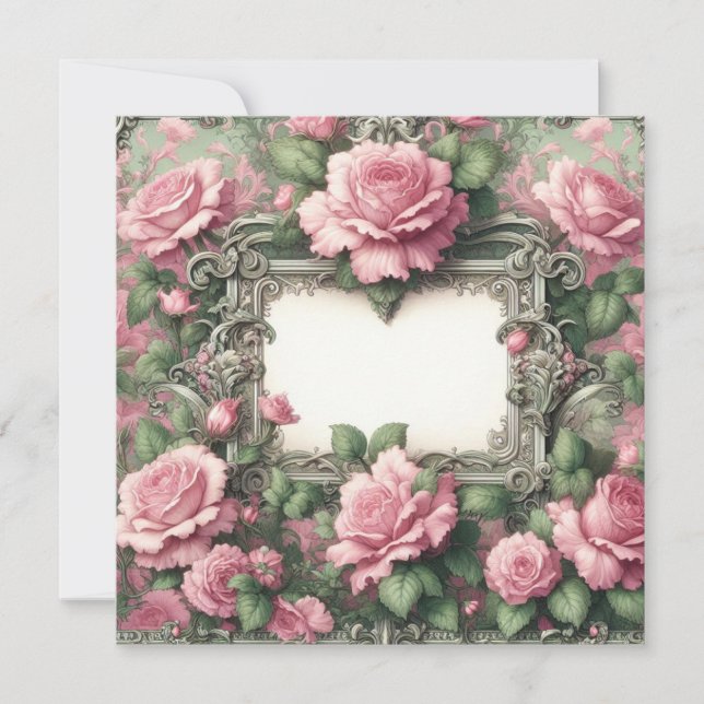 Floral Pink and Green Blank Card Template (Front)