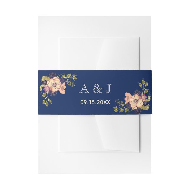 Floral Pink and Navy Blue Wedding Invitation Belly Band (Front Example)