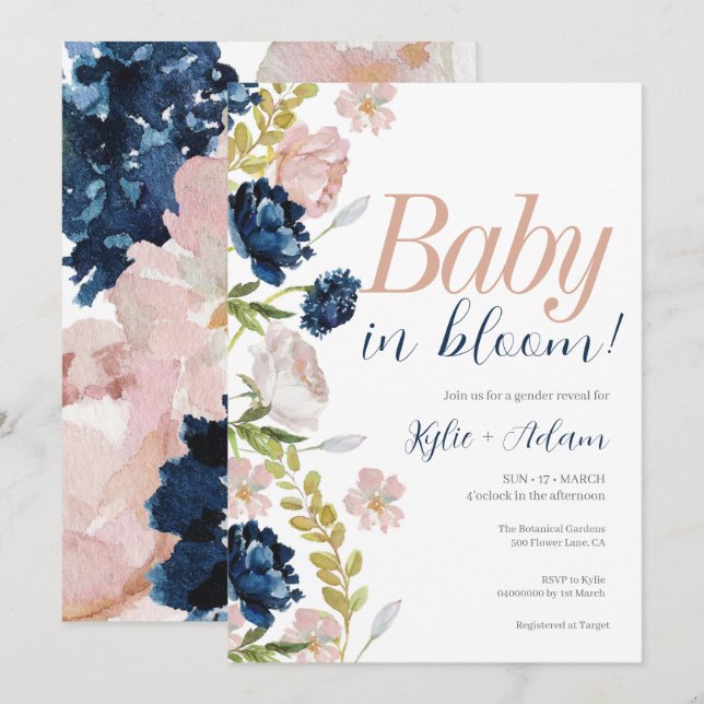 Floral Pink and Navy Gender Reveal Baby Shower Invitation (Front/Back)
