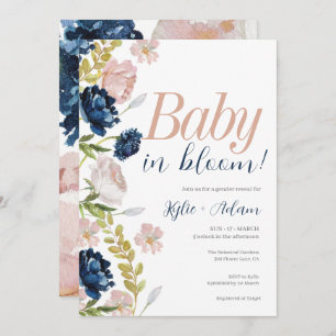 Floral Pink and Navy Gender Reveal Baby Shower Invitation