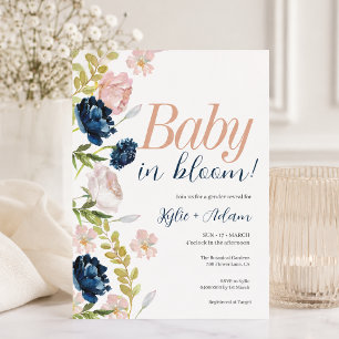 Floral Pink and Navy Gender Reveal Baby Shower Invitation