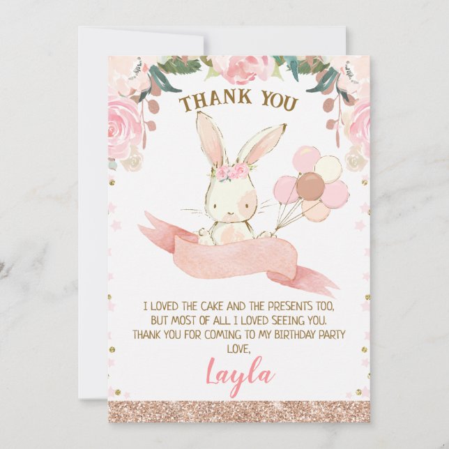 Floral Pink and Rose Gold Bunny Thank You Card (Front)