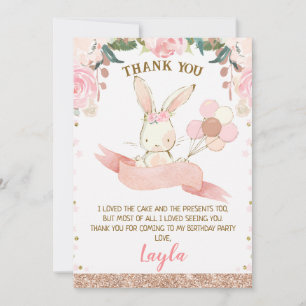 Floral Pink and Rose Gold Bunny Thank You Card